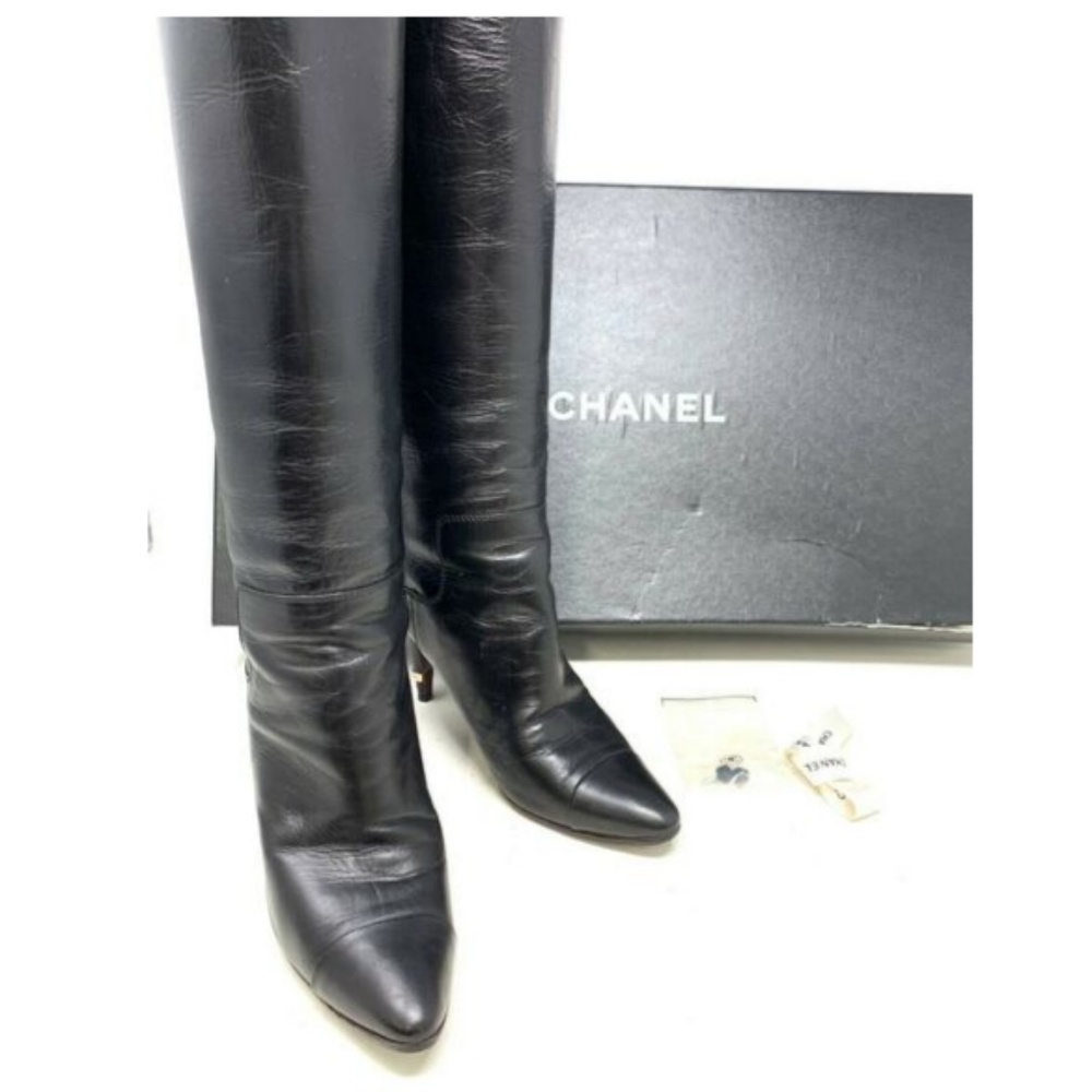 100% Auth CHANEL Logo Heels Leather Boots - Picture 1 of 8